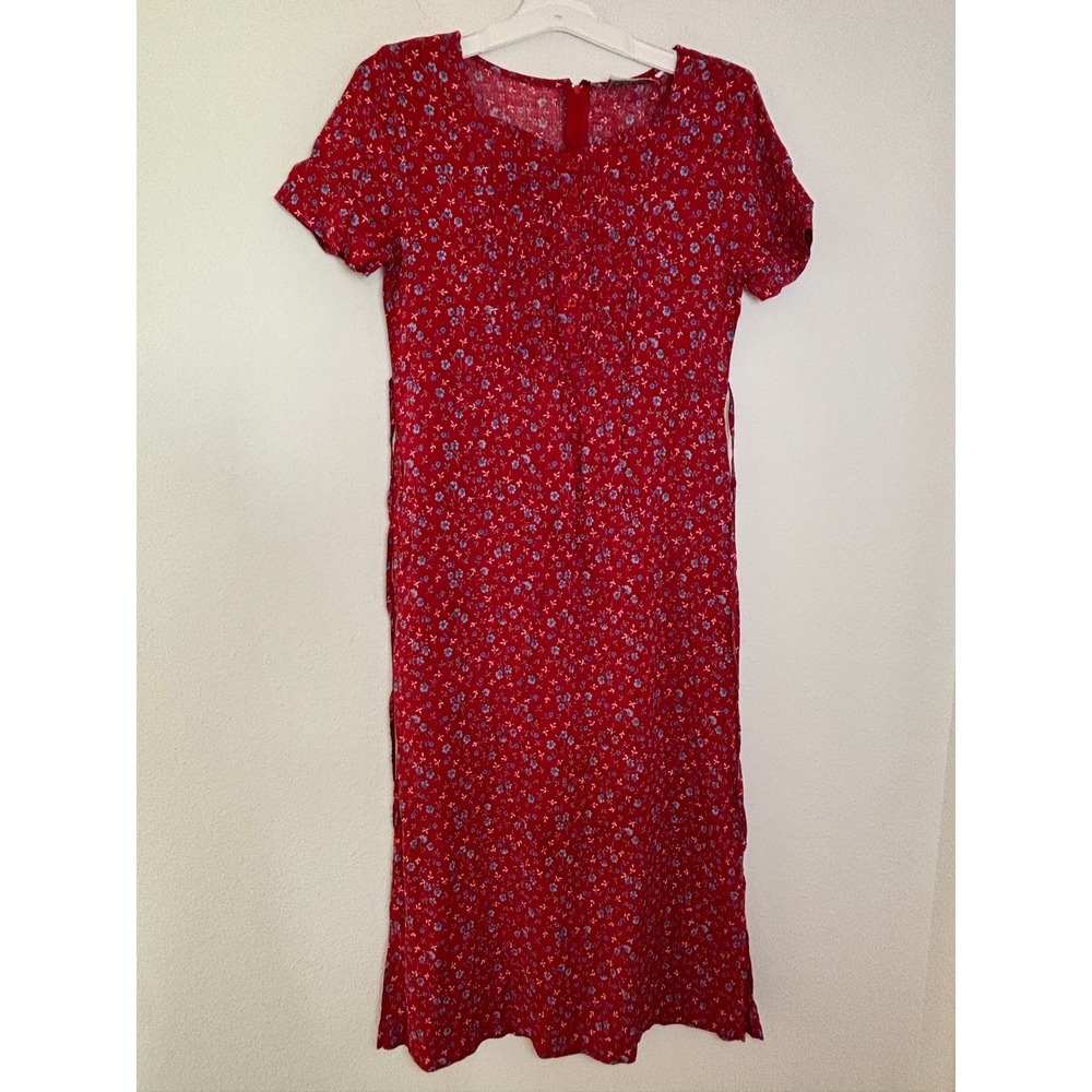 Erika Studio Red Floral Midi Dress Short Sleeve Square Neck Pintuck Size Small